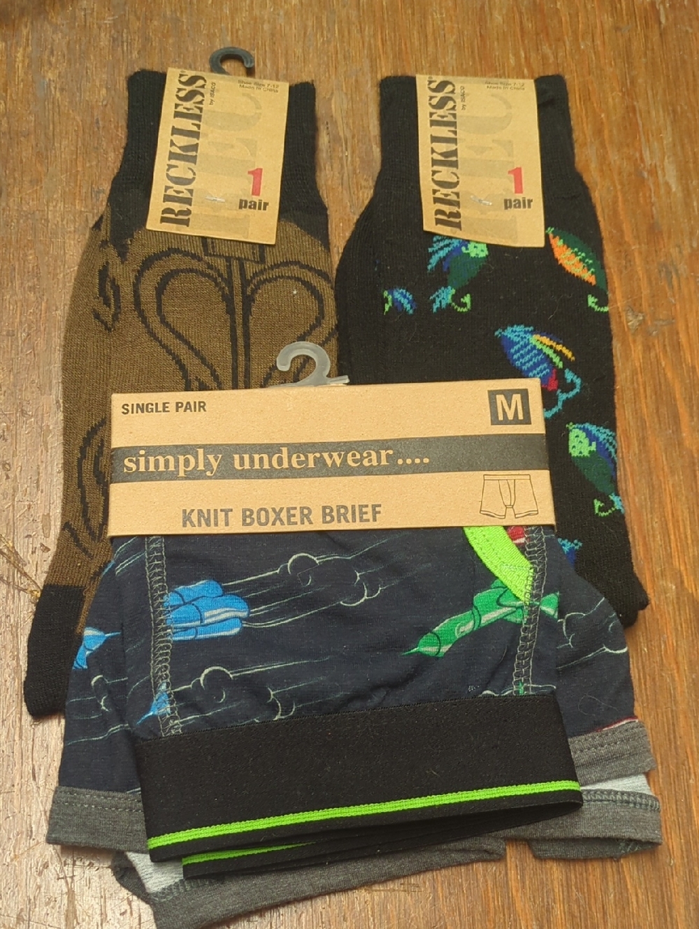 3pc Men's Undergarments, Cowboy & Fishing Lure Socks, M Retro Rocket Boxer Brief